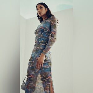 ICÔNE Printed Micromesh Long Sleeve Maxi Dress with Slit Size Small With Tags